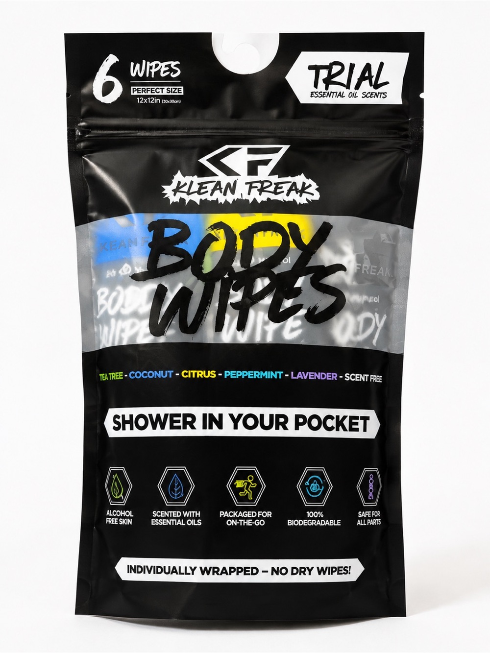 Klean Freak Body Wipes Trial Pack 6 Gym Travel Shower Wipes NEW